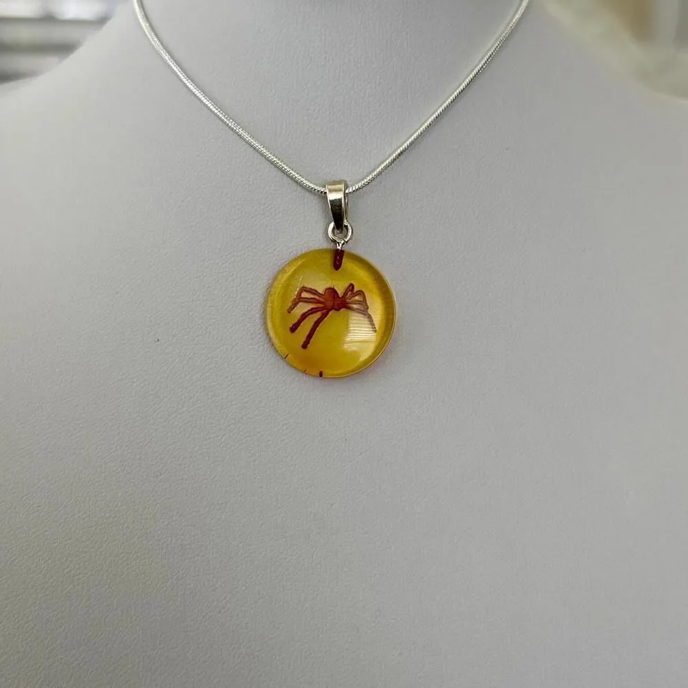 Natural Baltic Amber Spider Etched Pendant Necklace Sterling
